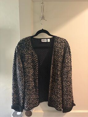 Chico's Black and Cream Textured Open-Front Cardigan
